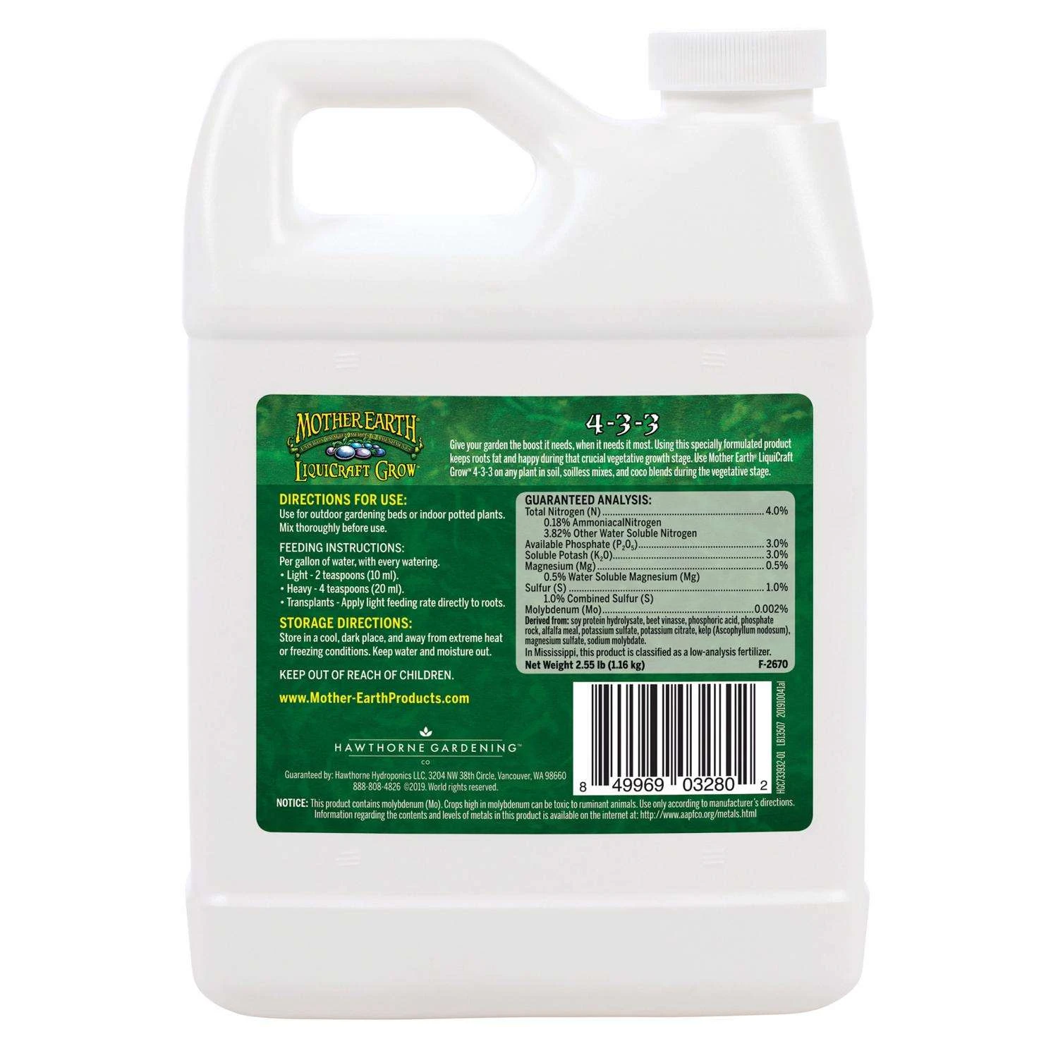 Mother Earth LiquiCraft Grow All Plant 4-3-3 Plant Fertilizer 1 Qt - Image 2